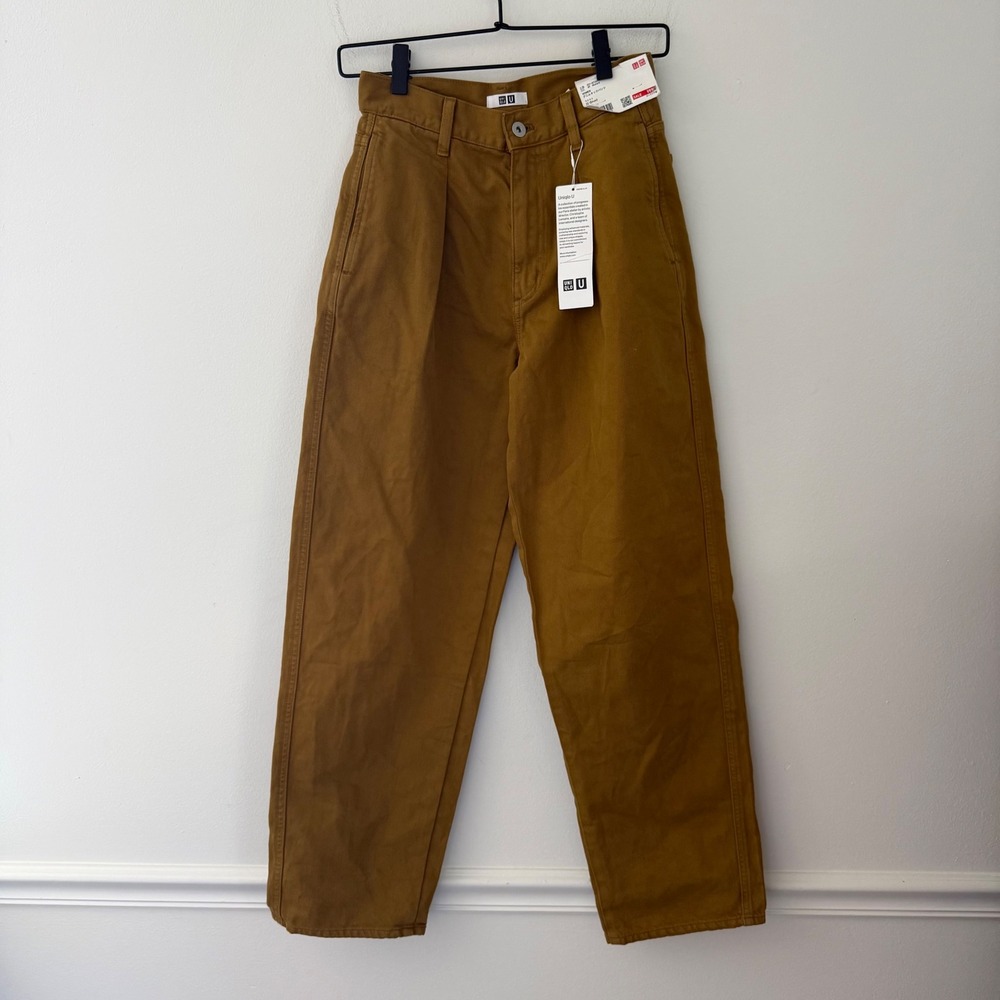 Uniqlo U Mustard Yellow Denim Tucked Pants‎ High Rise Wide Leg Size 22/xxs
